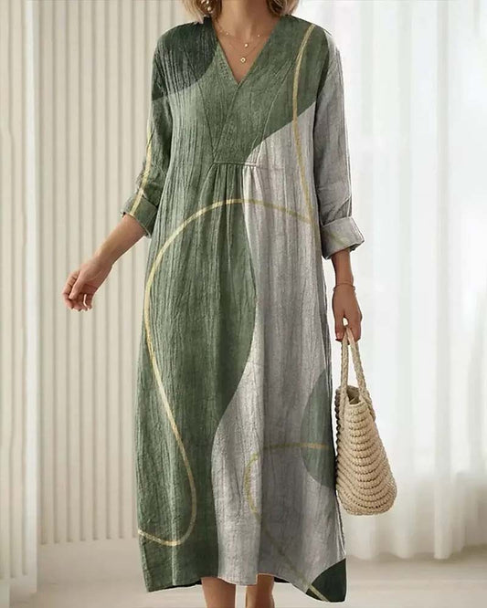 Damen Midikleid mit Farbblock-Design und V-Ausschnitt in frontaler Ansicht