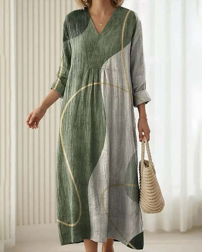 Damen Midikleid Farbblock Mit V Ausschnitt
