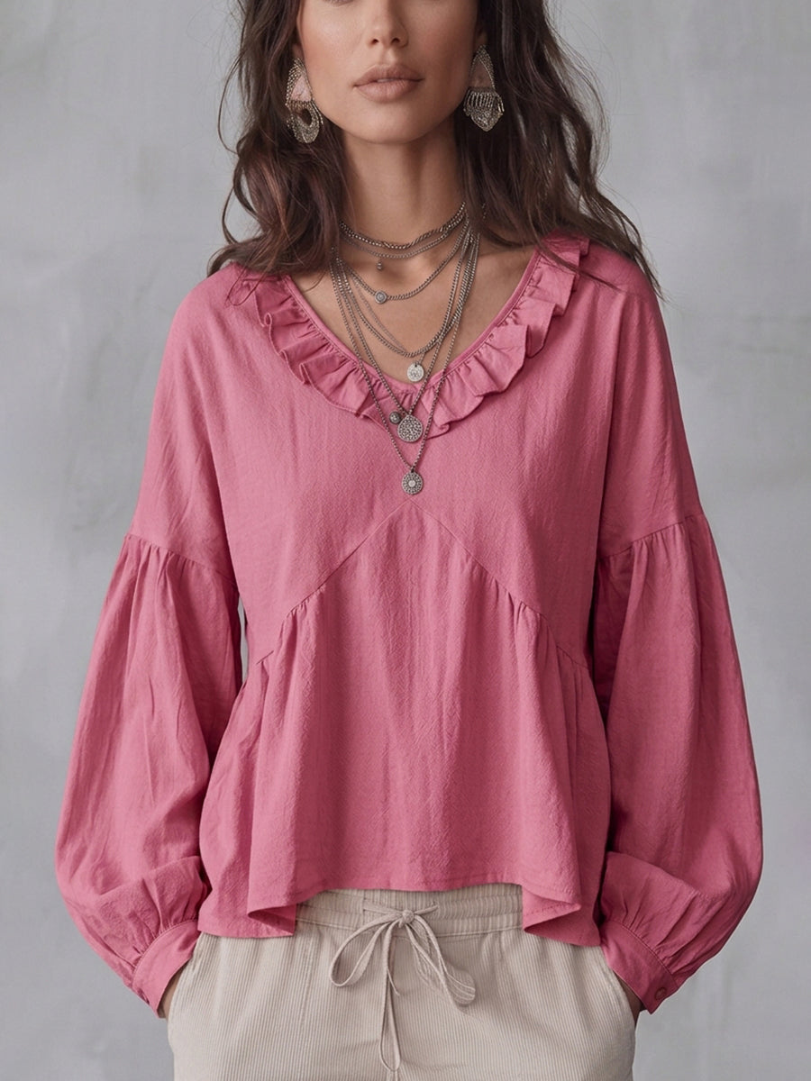 Damen Bluse Mit Rüschen Und Falten Locker Geschnitten