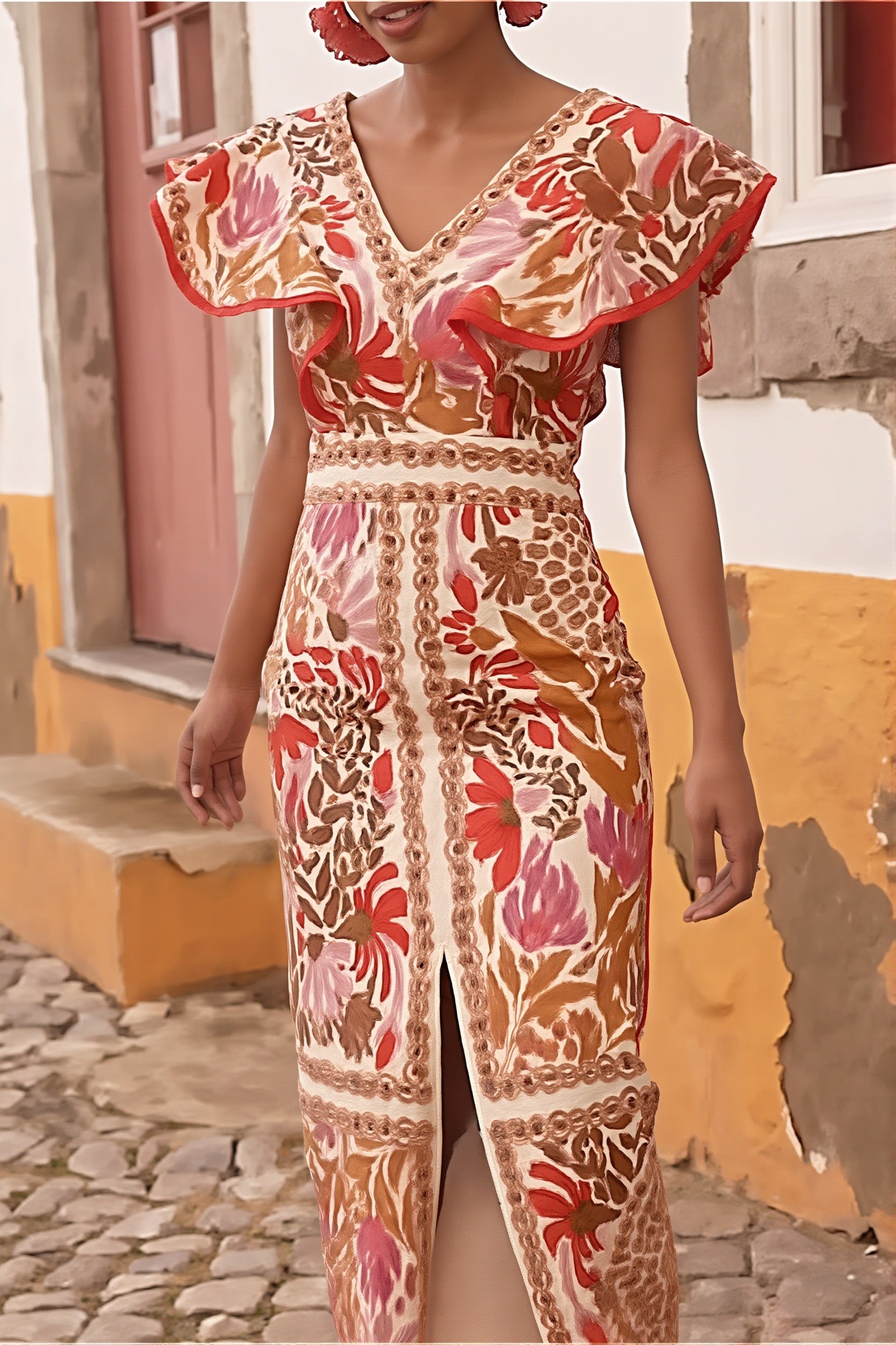 Rückansicht vom langen Boho-Kleid mit offenem Rücken und Blumenprint
