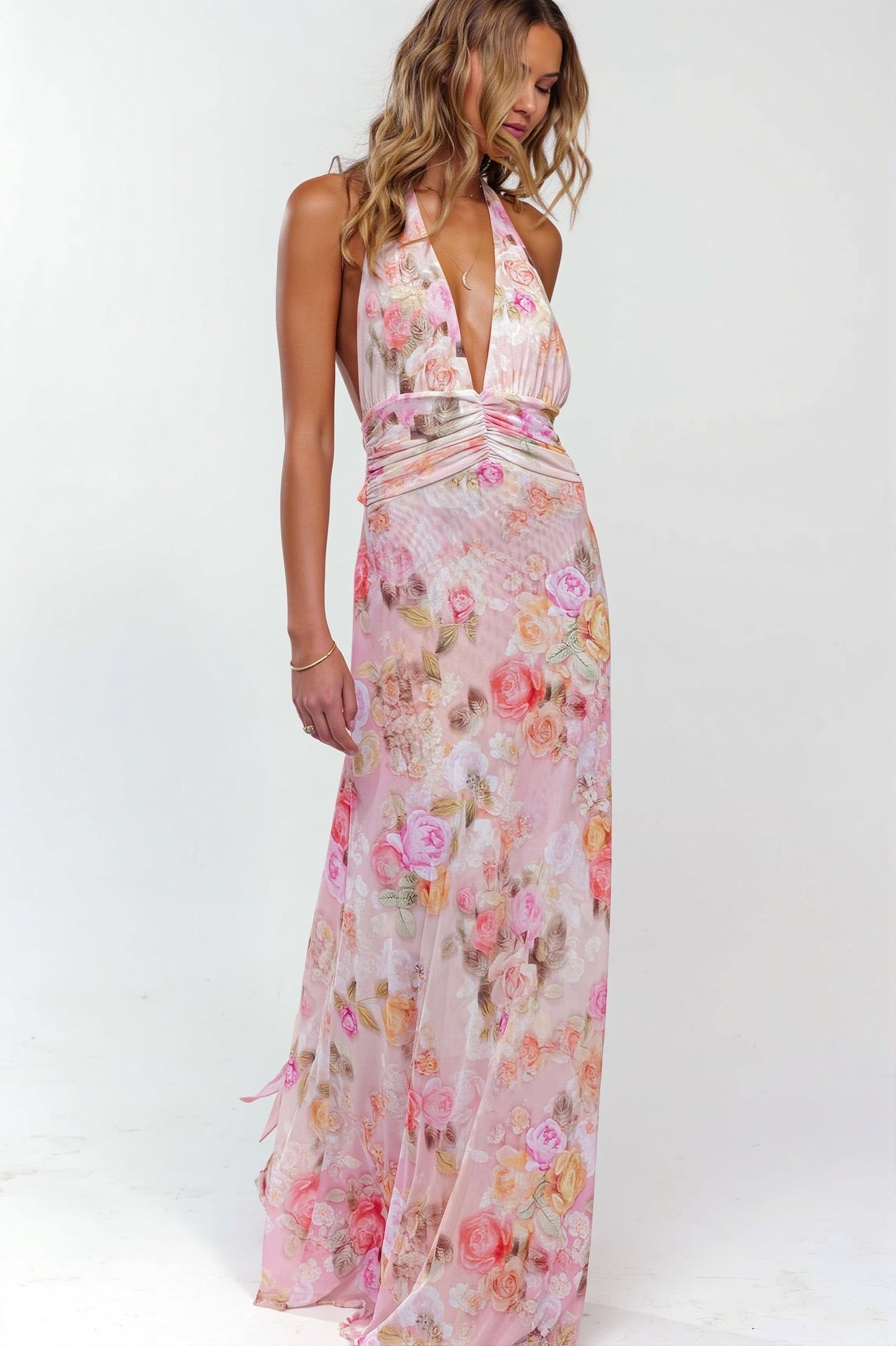 Damen Maxi Kleid mit Print und rückenfreiem Design in Vorderansicht