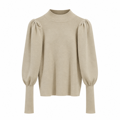 Puffärmel des eleganten Damen-Rippstrickpullovers im Detail