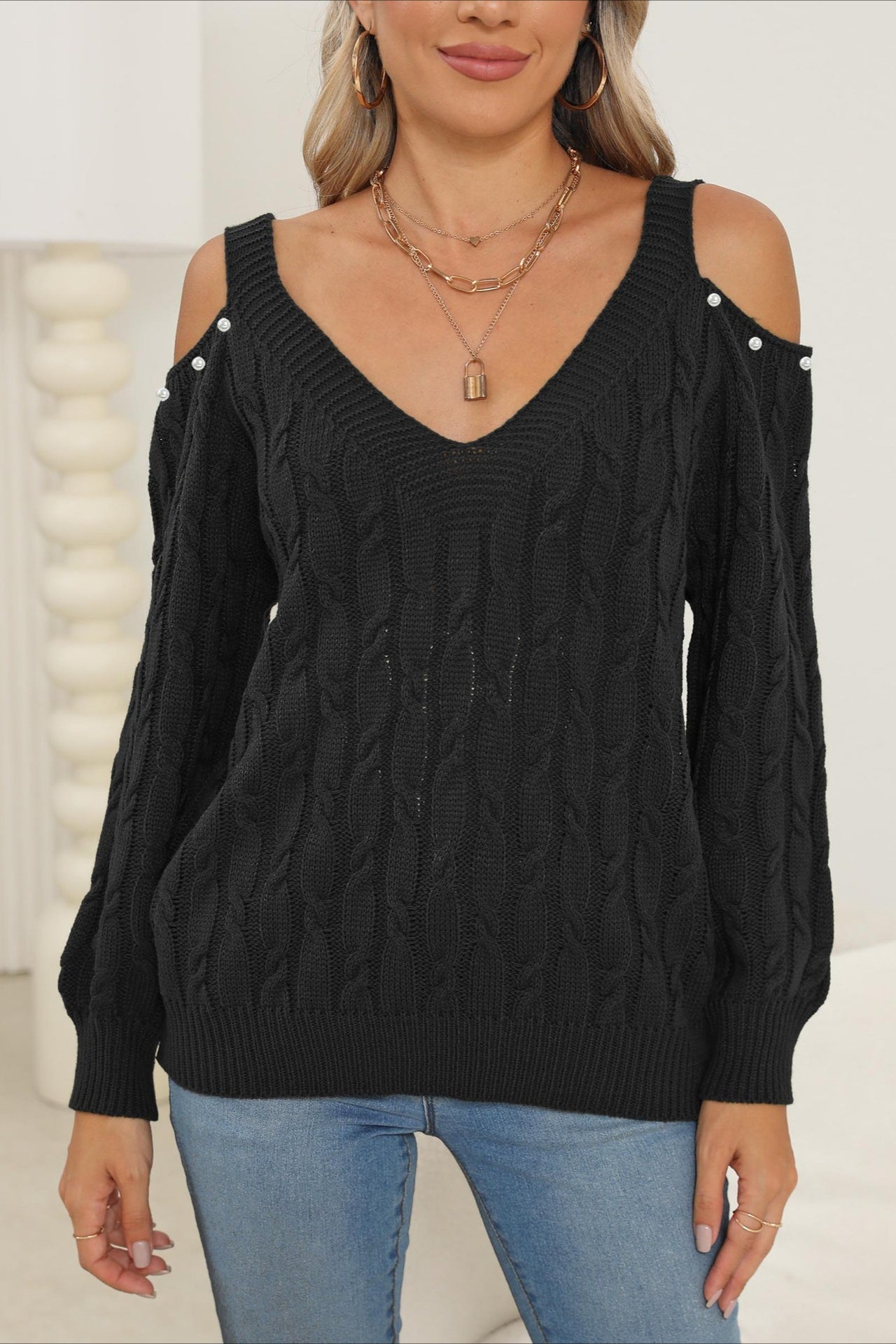 Damen Pullover Mit V Ausschnitt Und Off Shoulder Detail