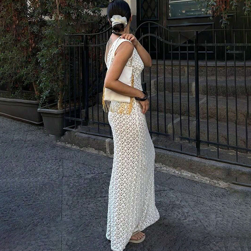 Gehäkeltes Maxikleid mit offenem Rücken Weiß