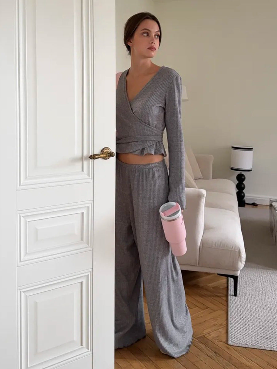 Grau geripptes Strick Crop-Top mit langen Ärmeln und weitem Hosen-Set