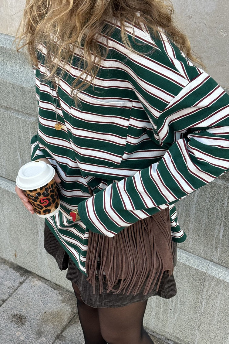Detailansicht des Streifenmusters am Damen-Langarmshirt