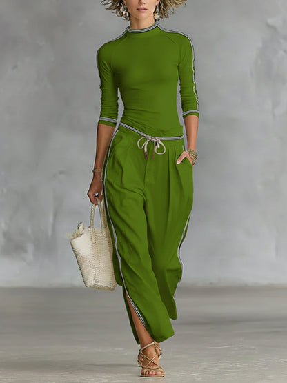 Damen Set aus gemütlichem Stretch-Strickoberteil und Leinen-Baumwollhose