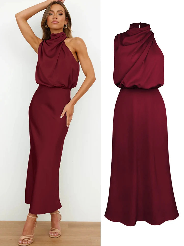 Damen Satin Midi Kleid Asymmetrischer Ausschnitt Abendkleid