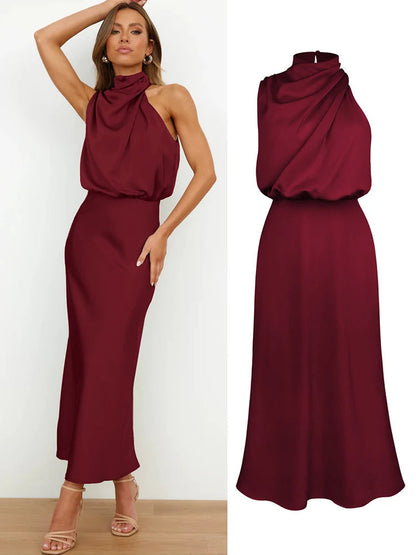 Damen Satin Midi Kleid Asymmetrischer Ausschnitt Abendkleid