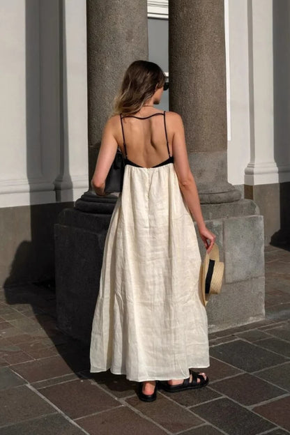 Midi-Kleid aus Leinen-Baumwoll-Mischung, locker geschnitten, schwarz-weiß