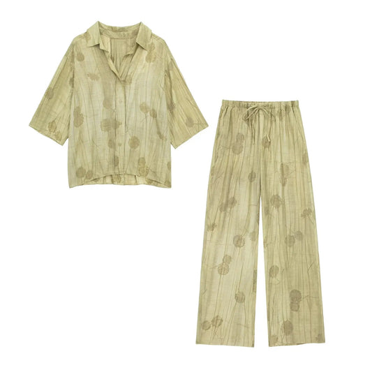Damen Jacquard Zweiteiler Shirt und Weite-Hosen Set