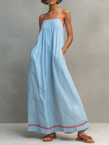 Damen Maxikleid gestreift mit feinen Spaghettiträgern in voller Länge