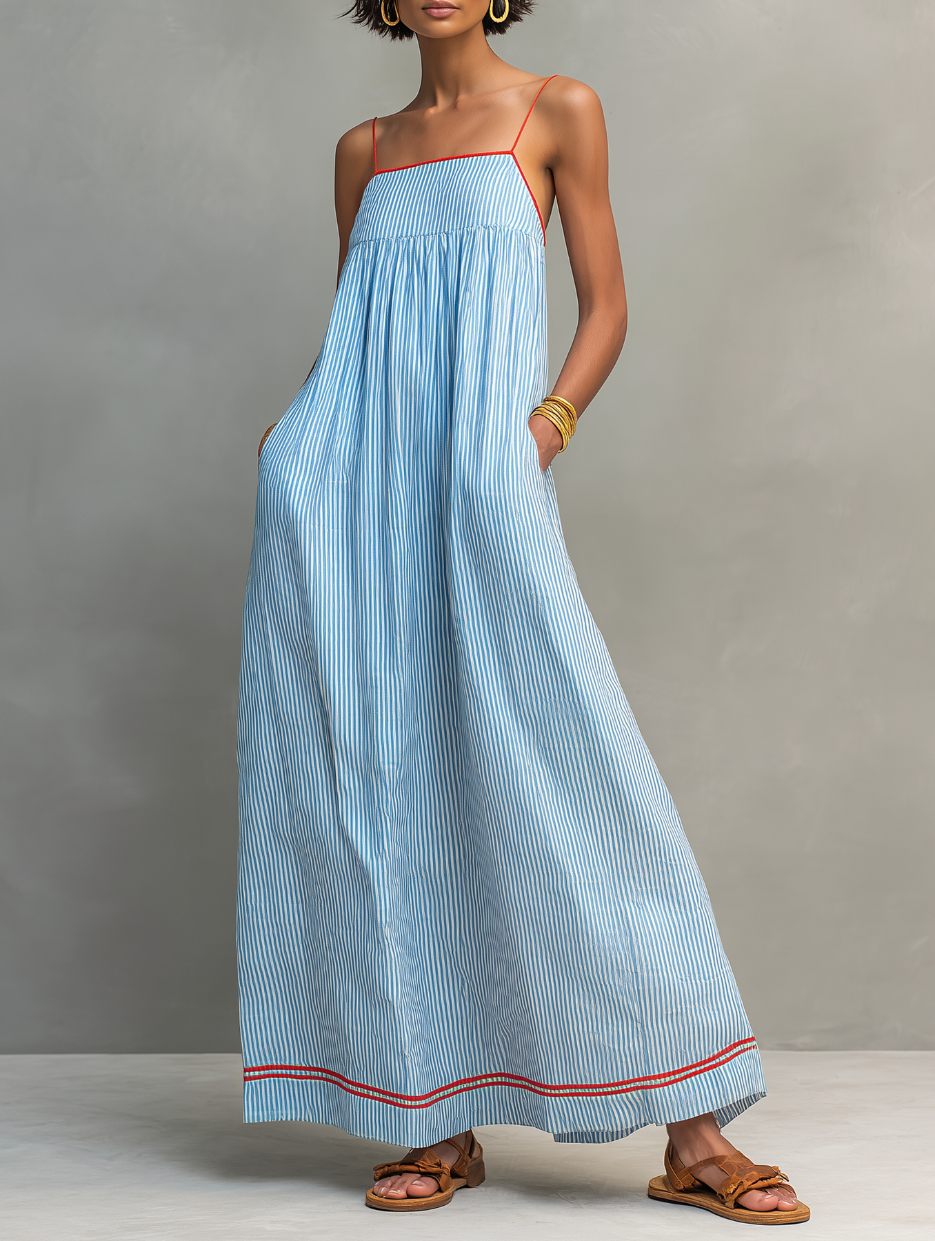 Damen Maxikleid Gestreift Mit Spaghettiträgern