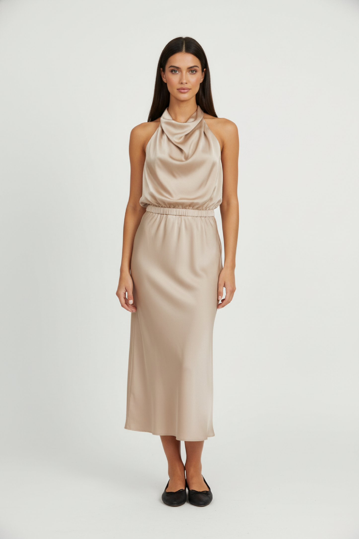 Damen Satin Midi Kleid Asymmetrischer Ausschnitt Abendkleid