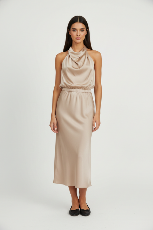 Damen Satin Midi Kleid Asymmetrischer Ausschnitt Abendkleid