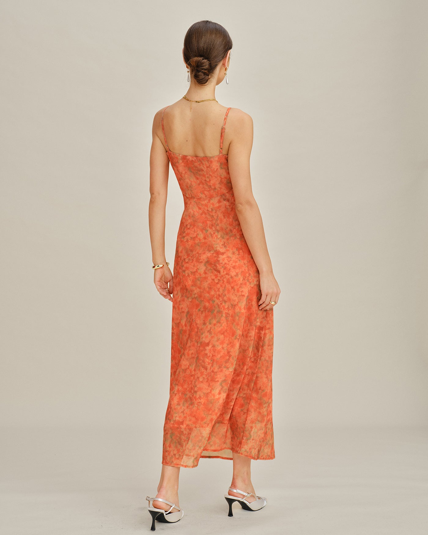 Orangefarbenes Blumenmuster A-Linien Trägerkleid