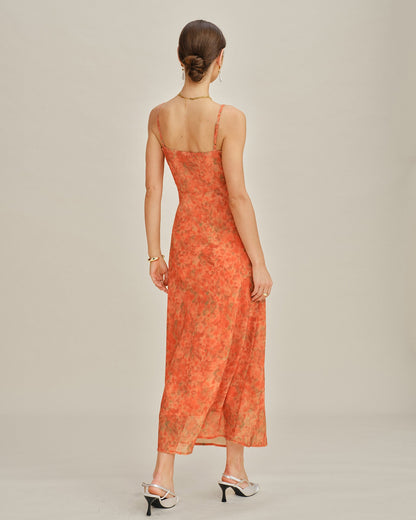 Orangefarbenes Blumenmuster A-Linien Trägerkleid