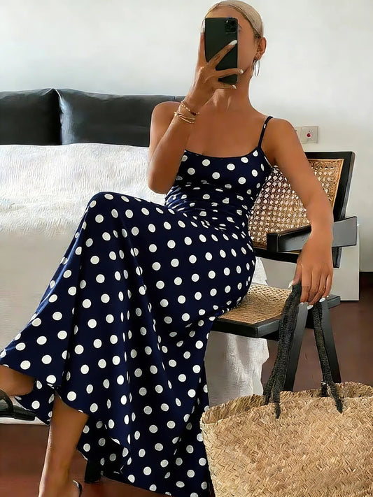Ärmelloses, tailliertes Midi-Kleid aus Polyester mit Polka-Dots