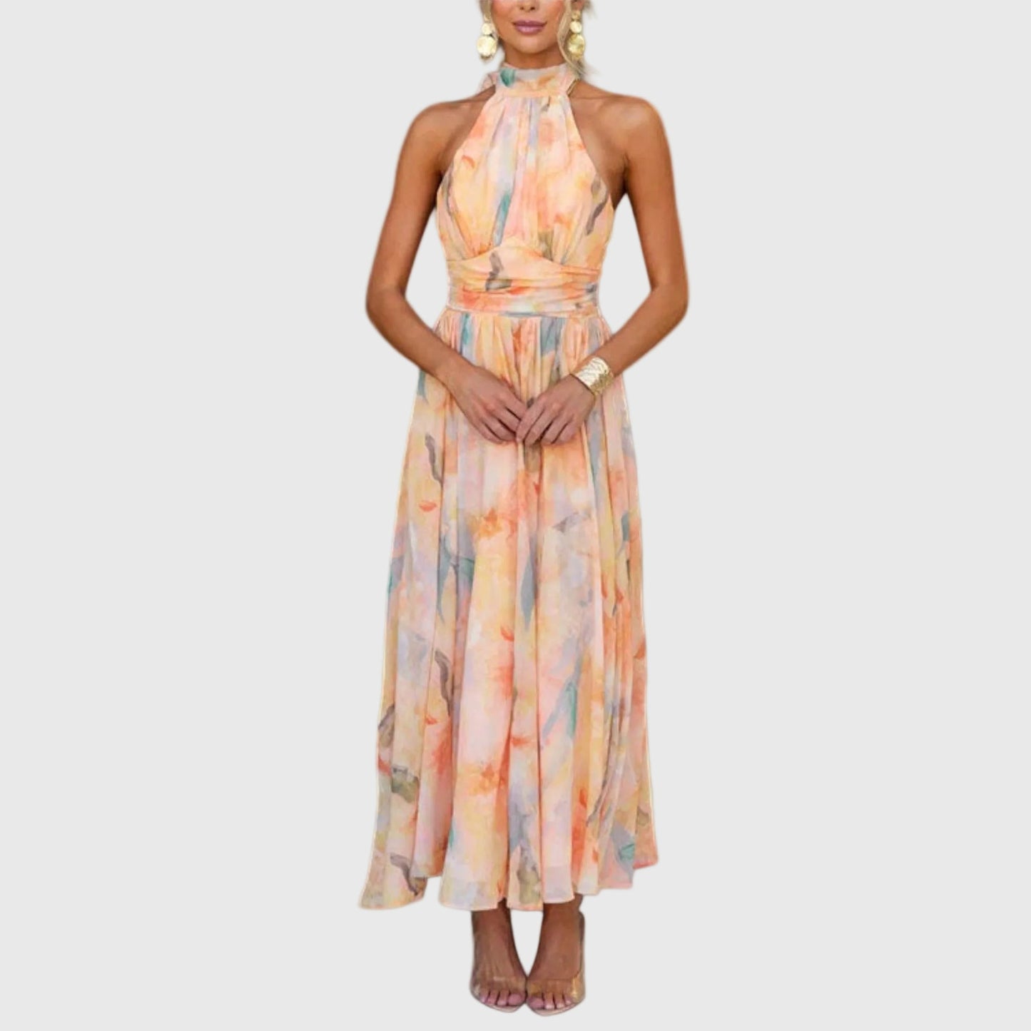 Damen Maxi Kleid mit Halterneck und Farbverlauf in fliessender langer Silhouette
