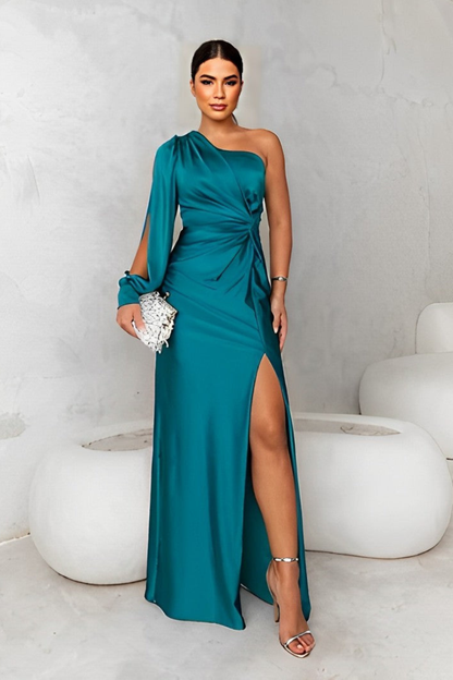 Seitenansicht vom Damen Maxikleid mit Drapierung und asymmetrischem Ausschnitt