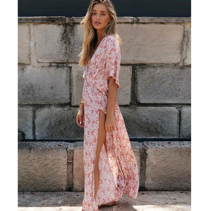 Puderrosa Bohemian Maxikleid mit Schlitz