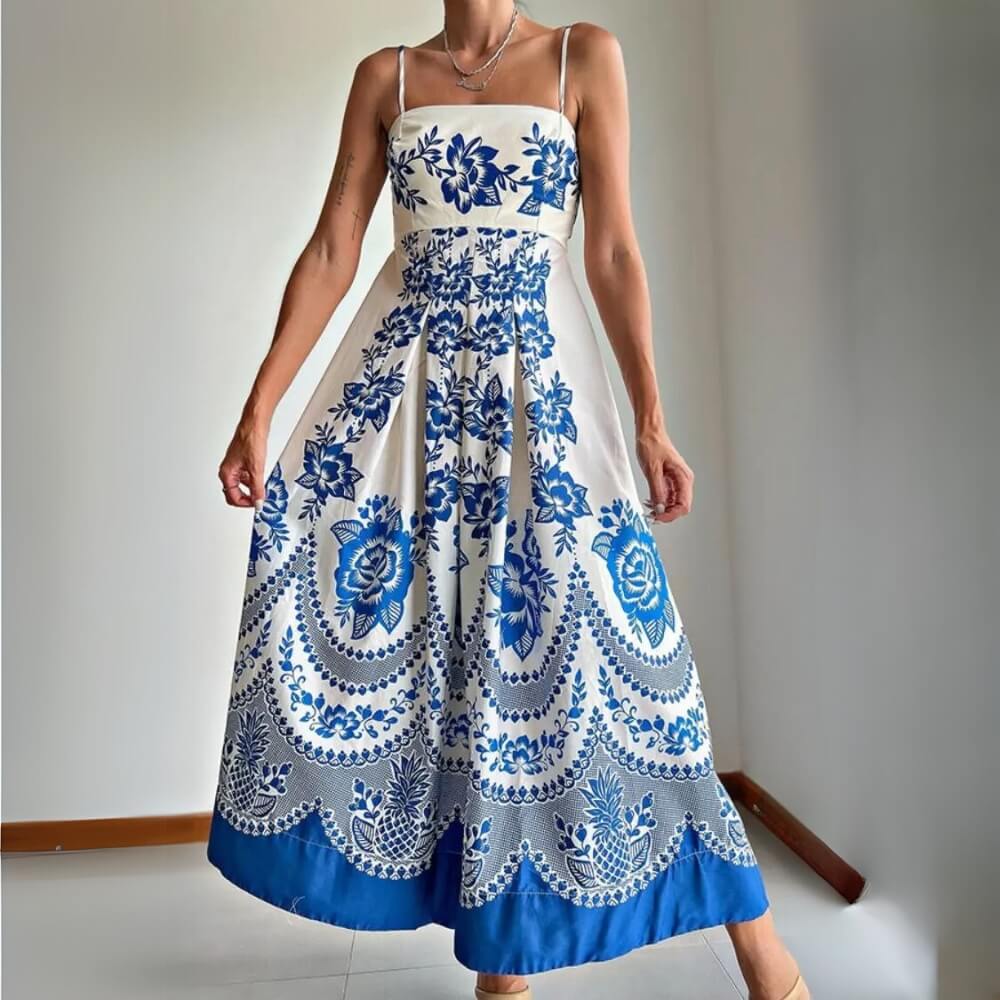 Spaghettiträger Polyester Midi Kleid Blau