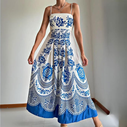 Spaghettiträger Polyester Midi Kleid Blau