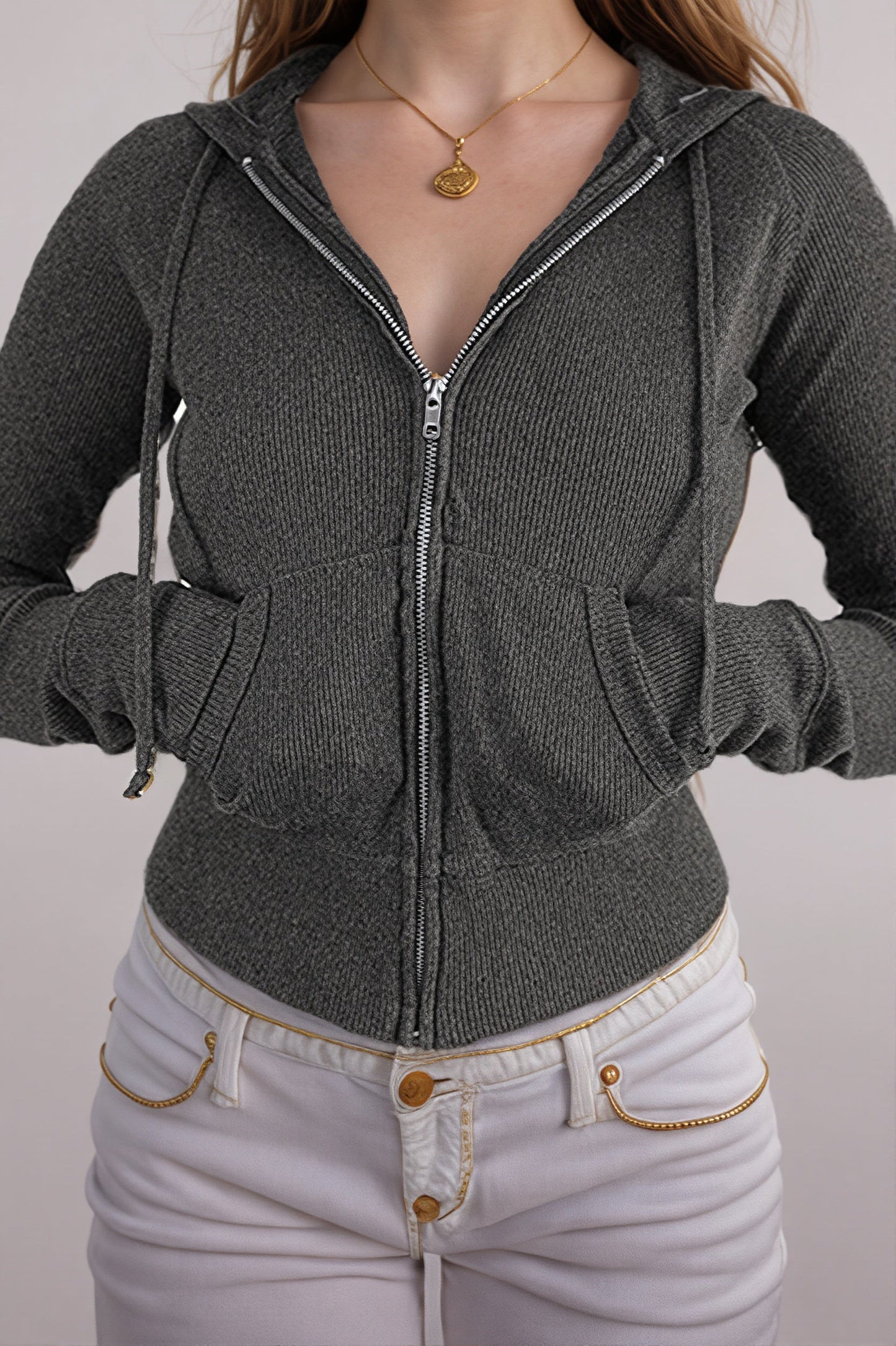 Geripptes Crop Top für Damen mit Kapuze und langem Reissverschluss