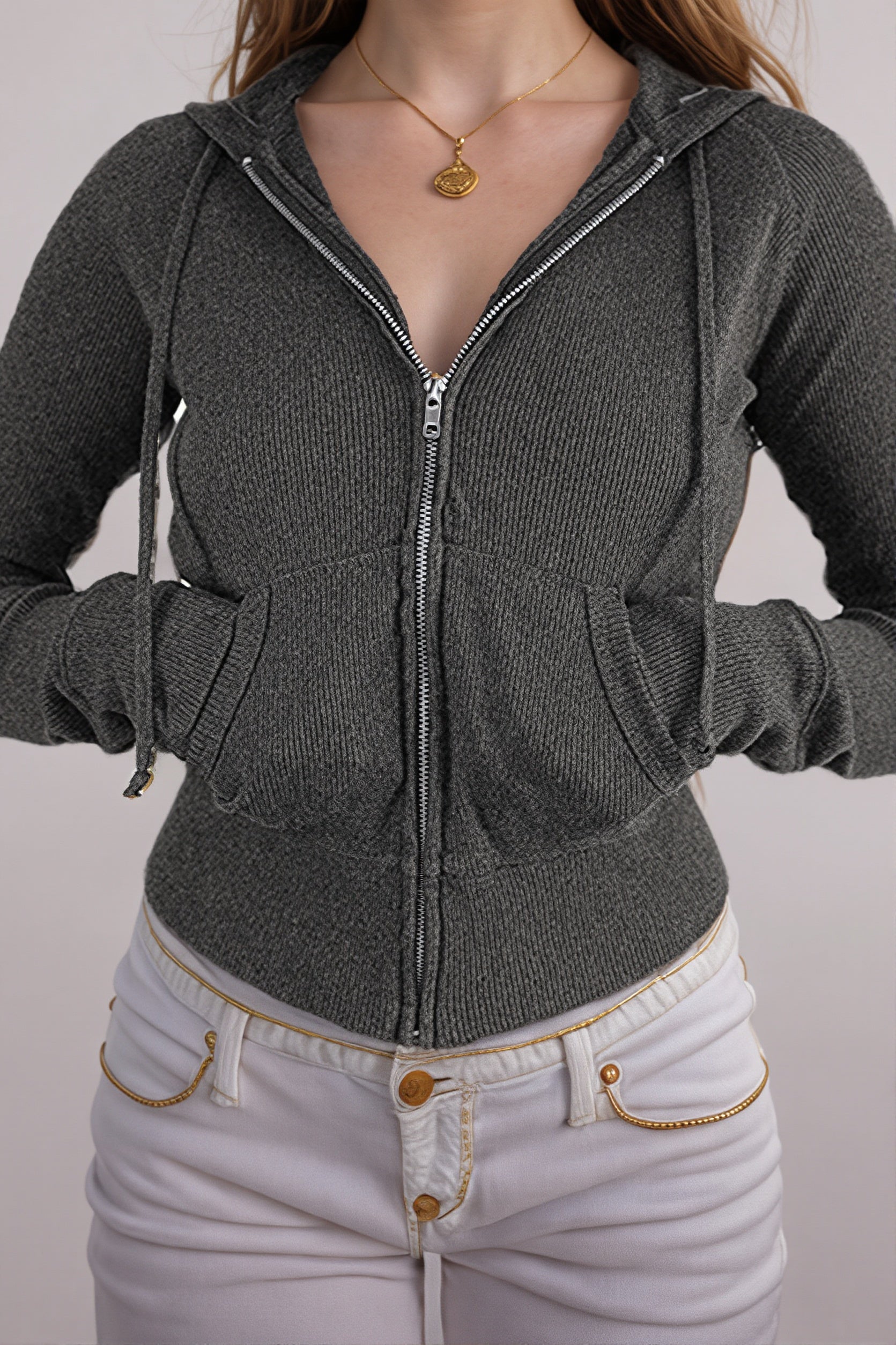 Geripptes Crop Top für Damen mit Kapuze und langem Reissverschluss