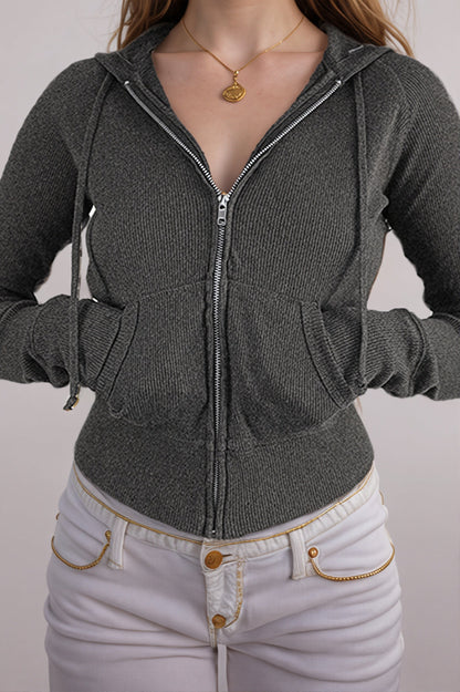 Geripptes Crop Top für Damen mit Kapuze und langem Reissverschluss
