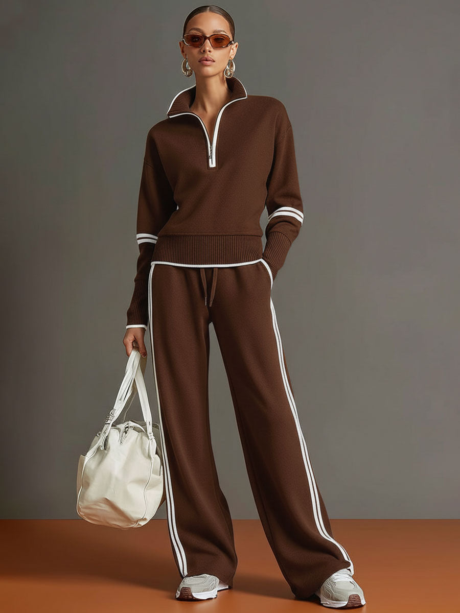 Pullover mit halbem Reißverschluss & Hose mit weitem Bein Set