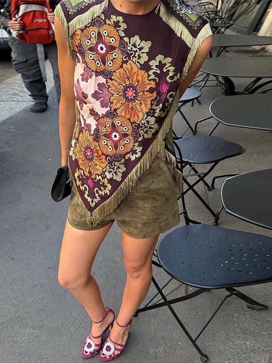 Damen Satin Ärmellose Bluse mit Blumenmuster und Fransenbesatz Weinrot