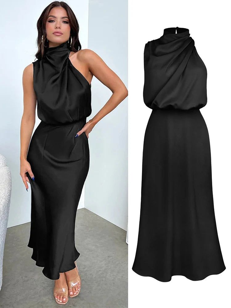 Damen Satin Midi Kleid Asymmetrischer Ausschnitt Abendkleid
