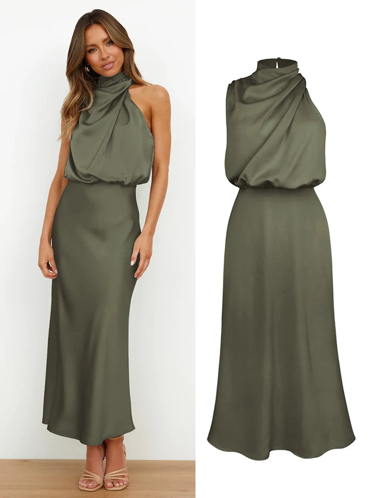 Damen Satin Midi Kleid Asymmetrischer Ausschnitt Abendkleid