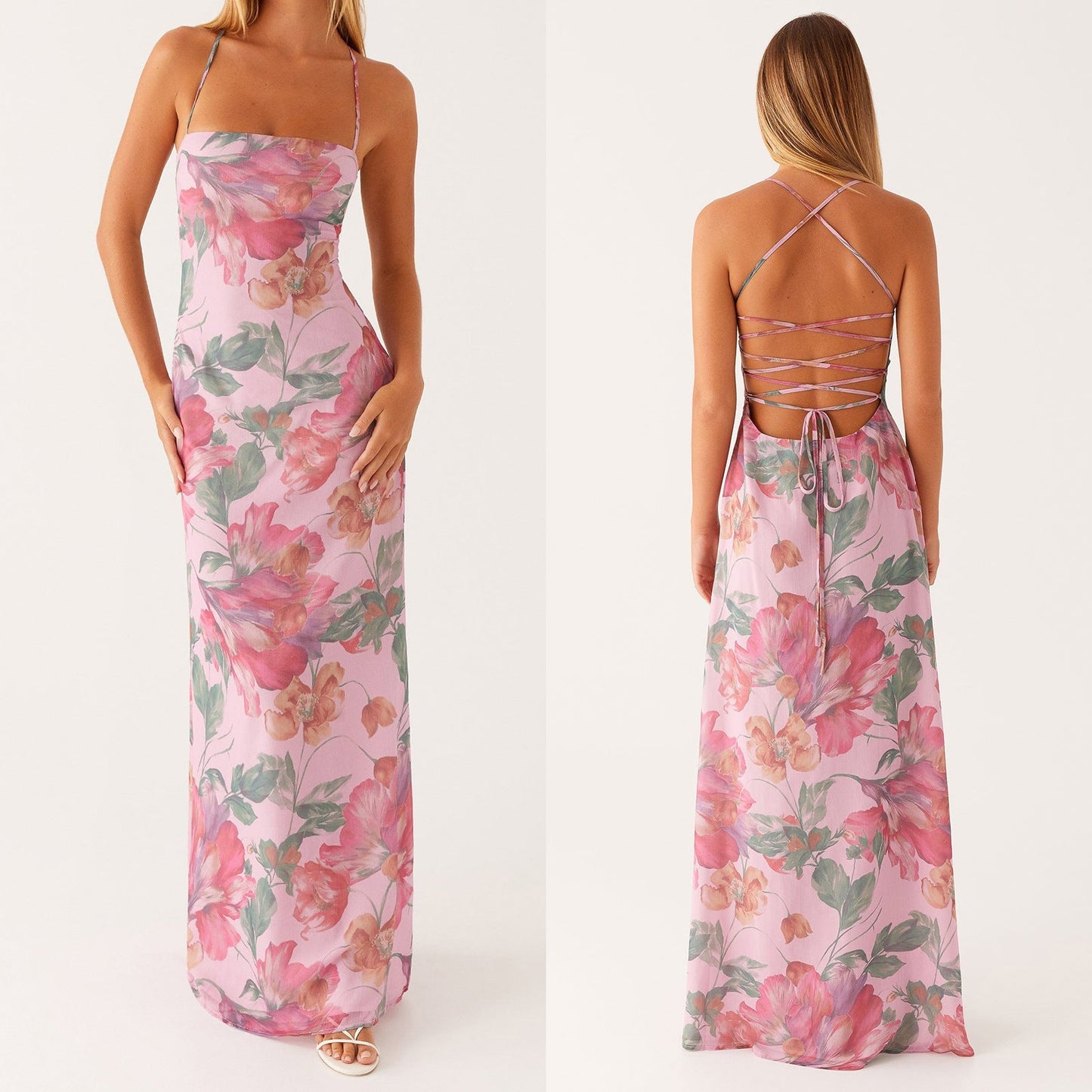 Damen Blumen Maxikleid Sommer Ärmelloses Fließendes Kleid
