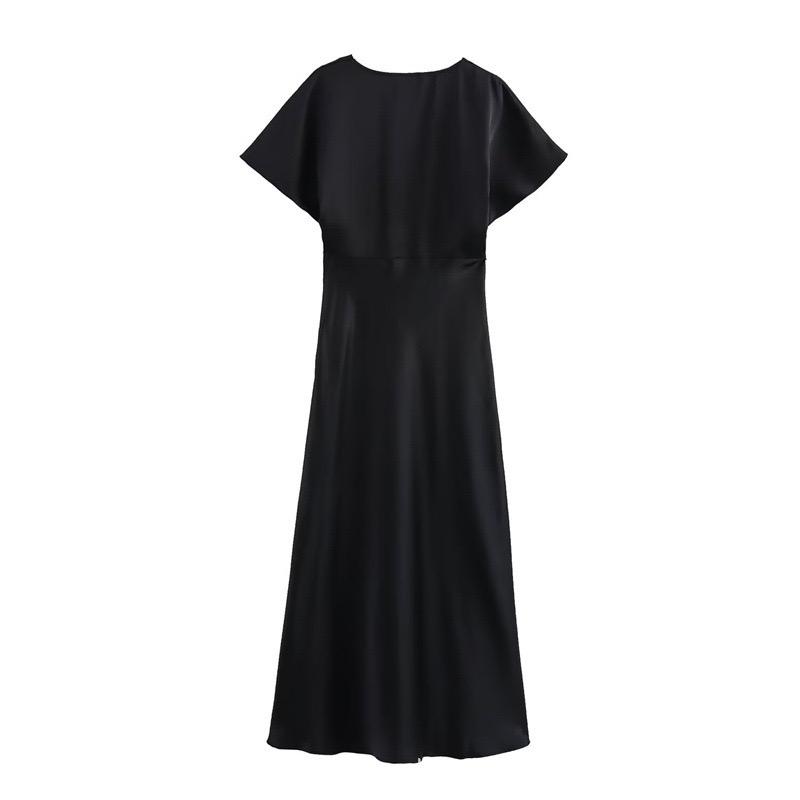 Satin Halbarm Midi Kleid Schwarz
