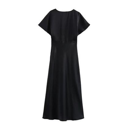 Satin Halbarm Midi Kleid Schwarz