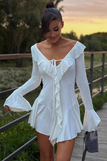 Damen Bodycon Minikleid Mit Volants Und V Ausschnitt