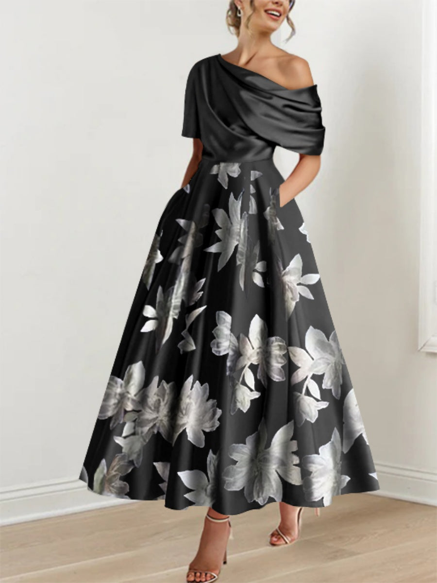 Ein-Schulter Bedrucktes Blumen A-Linien Kleid für die Mutter der Braut