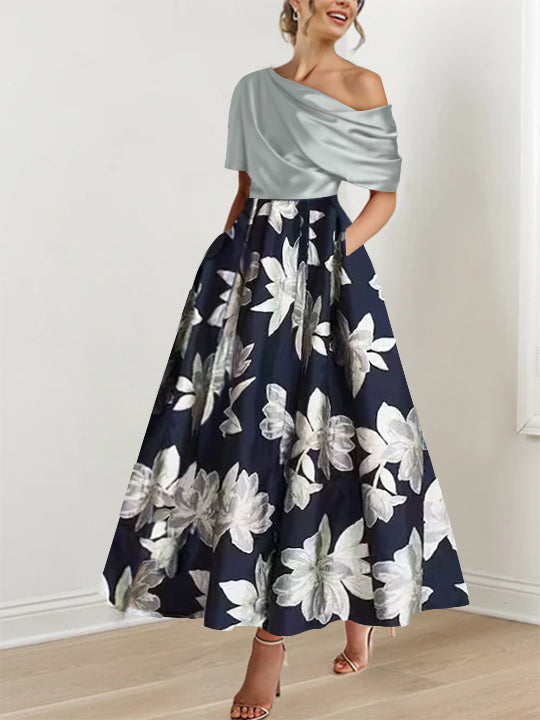Ein-Schulter Bedrucktes Blumen A-Linien Kleid für die Mutter der Braut