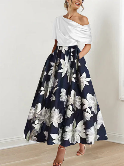 Ein-Schulter Bedrucktes Blumen A-Linien Kleid für die Mutter der Braut