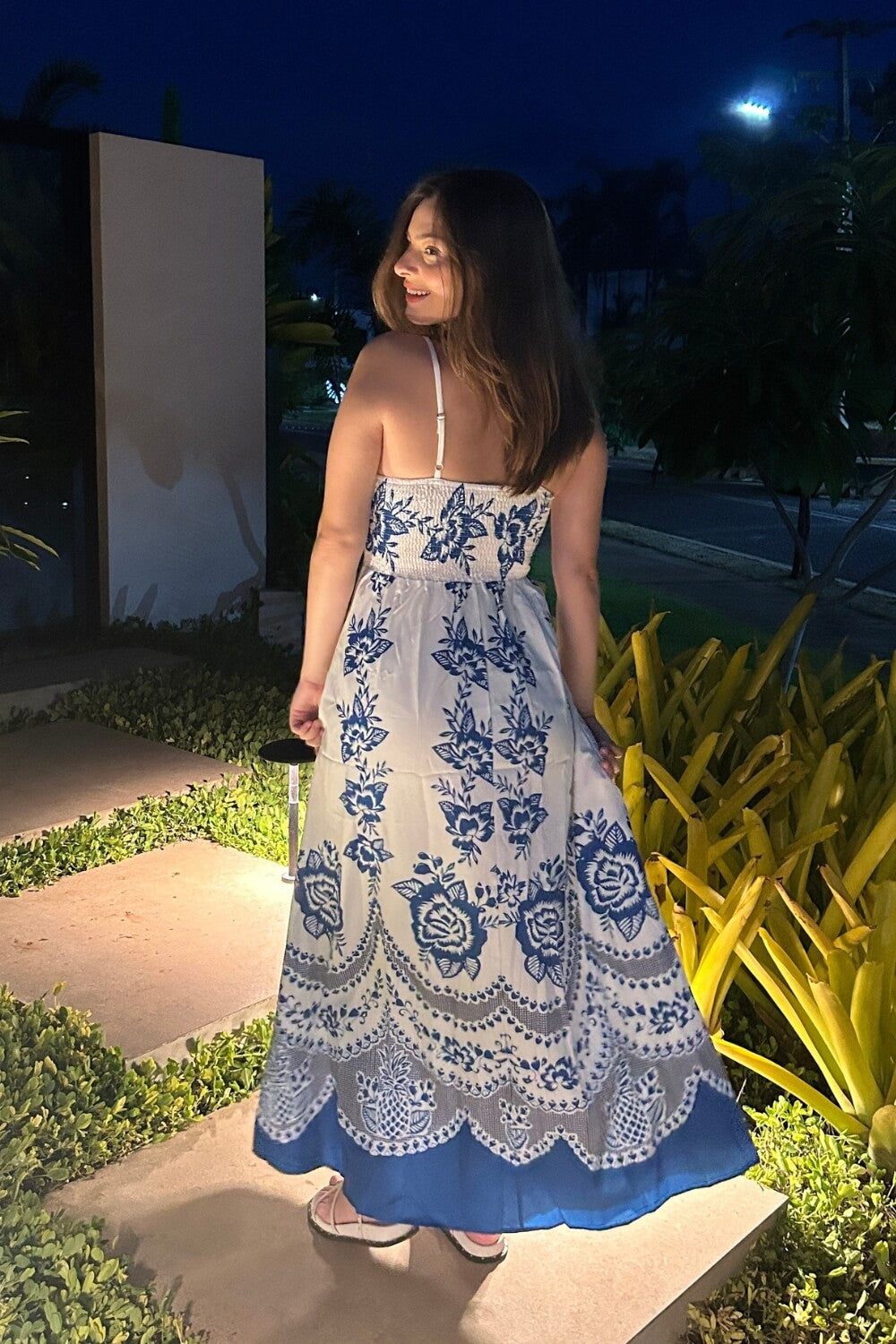 Spaghettiträger Polyester Midi Kleid Blau