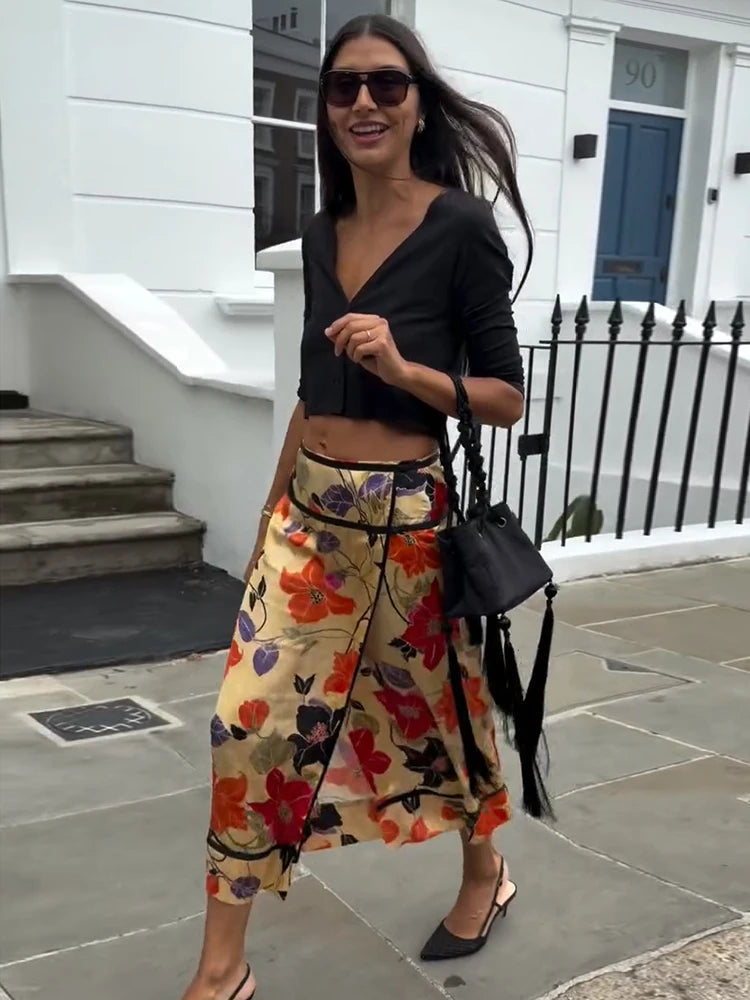 Damen Hoch Taillierter A-Linien Midi-Rock mit Blumenmuster und Schlitz