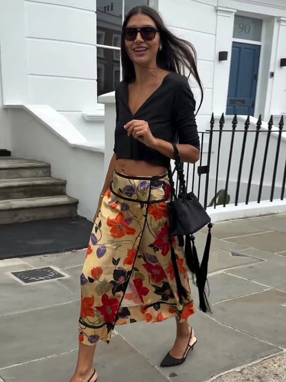 Damen Hoch Taillierter A-Linien Midi-Rock mit Blumenmuster und Schlitz