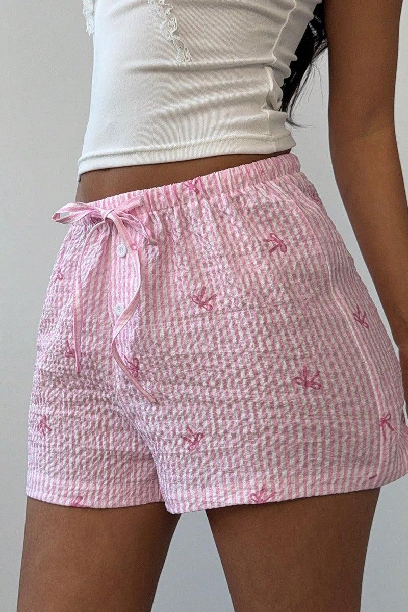 Rosa gestreifte Damen Shorts aus leichtem Stoff mit elastischem Bund