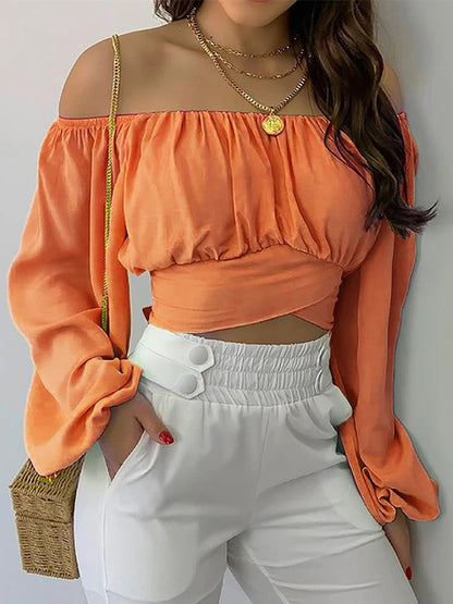 Damen Schulterfreie Cropped Bluse mit Ballonärmeln