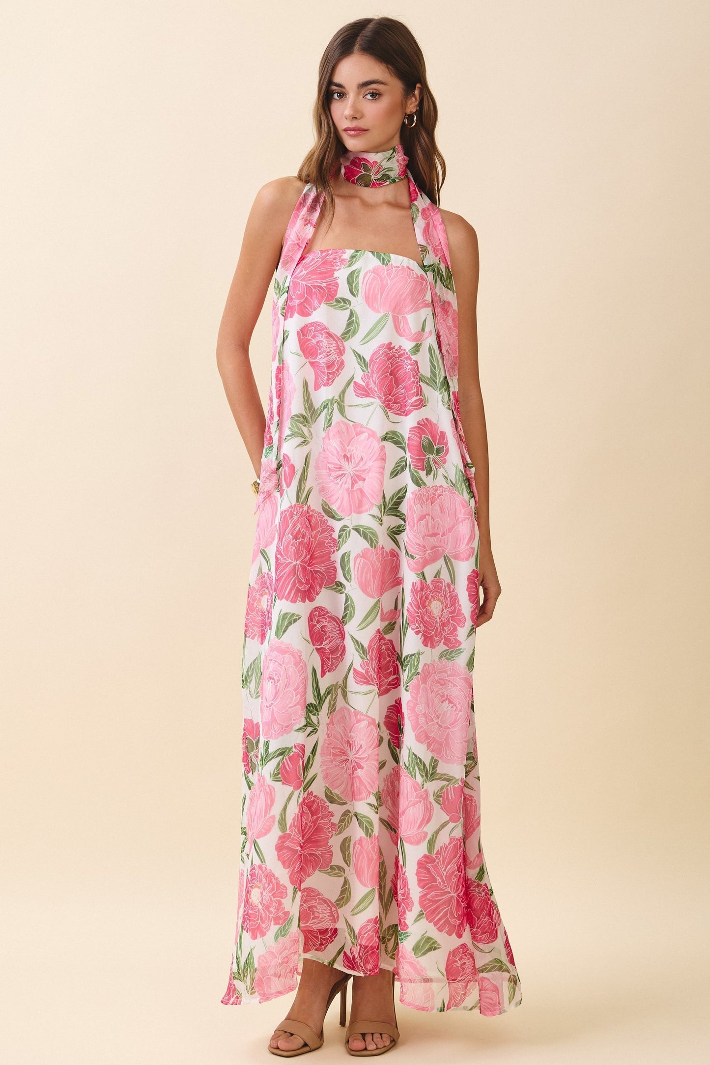 Damen Maxikleid in Rosé mit Blumenprint und Neckholder, Frontansicht