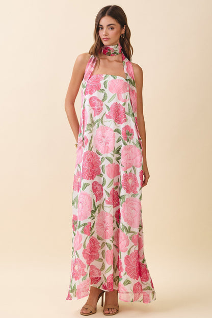 Damen Maxikleid in Rosé mit Blumenprint und Neckholder, Frontansicht