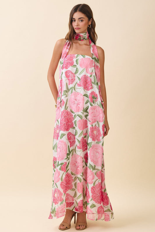 Damen Maxikleid in Rosé mit Blumenprint und Neckholder, Frontansicht