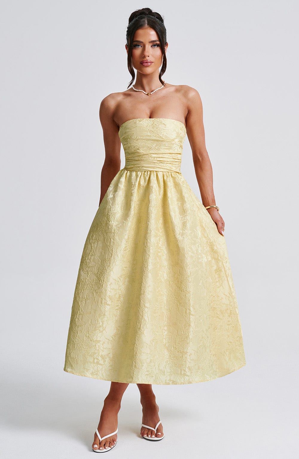 Florales Jacquard trägerloses Midikleid in Zitronengelb